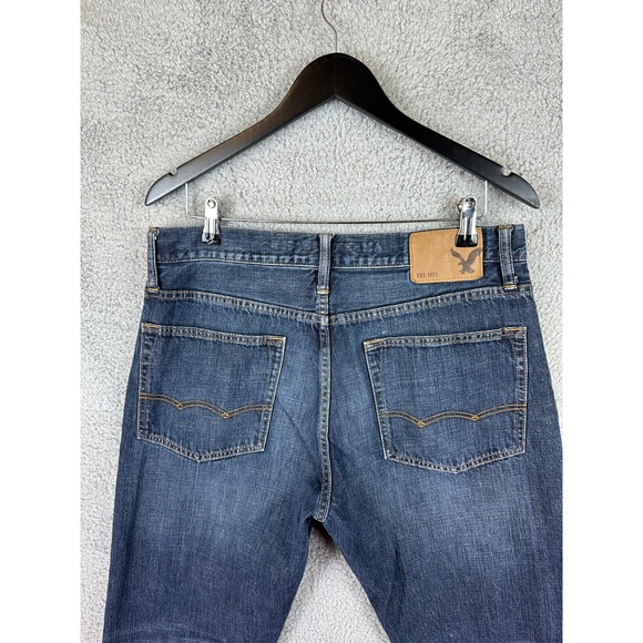 American Eagle Jeans Mens 33x32 Relaxed Straight Legs Dark Wash Denim Jean Rugby